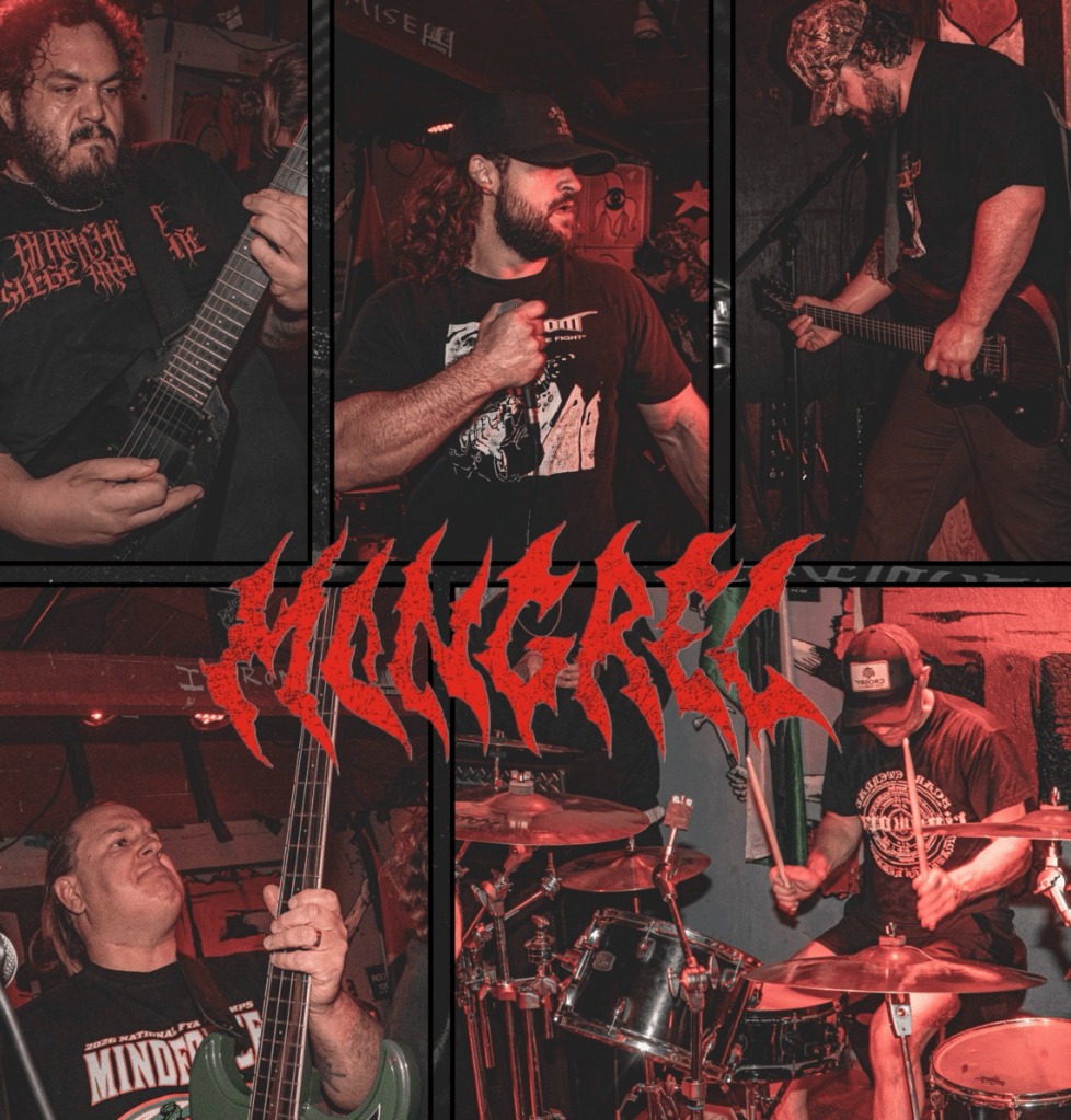 A collage of four images featuring a live performance by a heavy metal band. Musicians are energetically playing electric guitars, bass, and drums, all in a dimly lit venue with a vibrant atmosphere.
