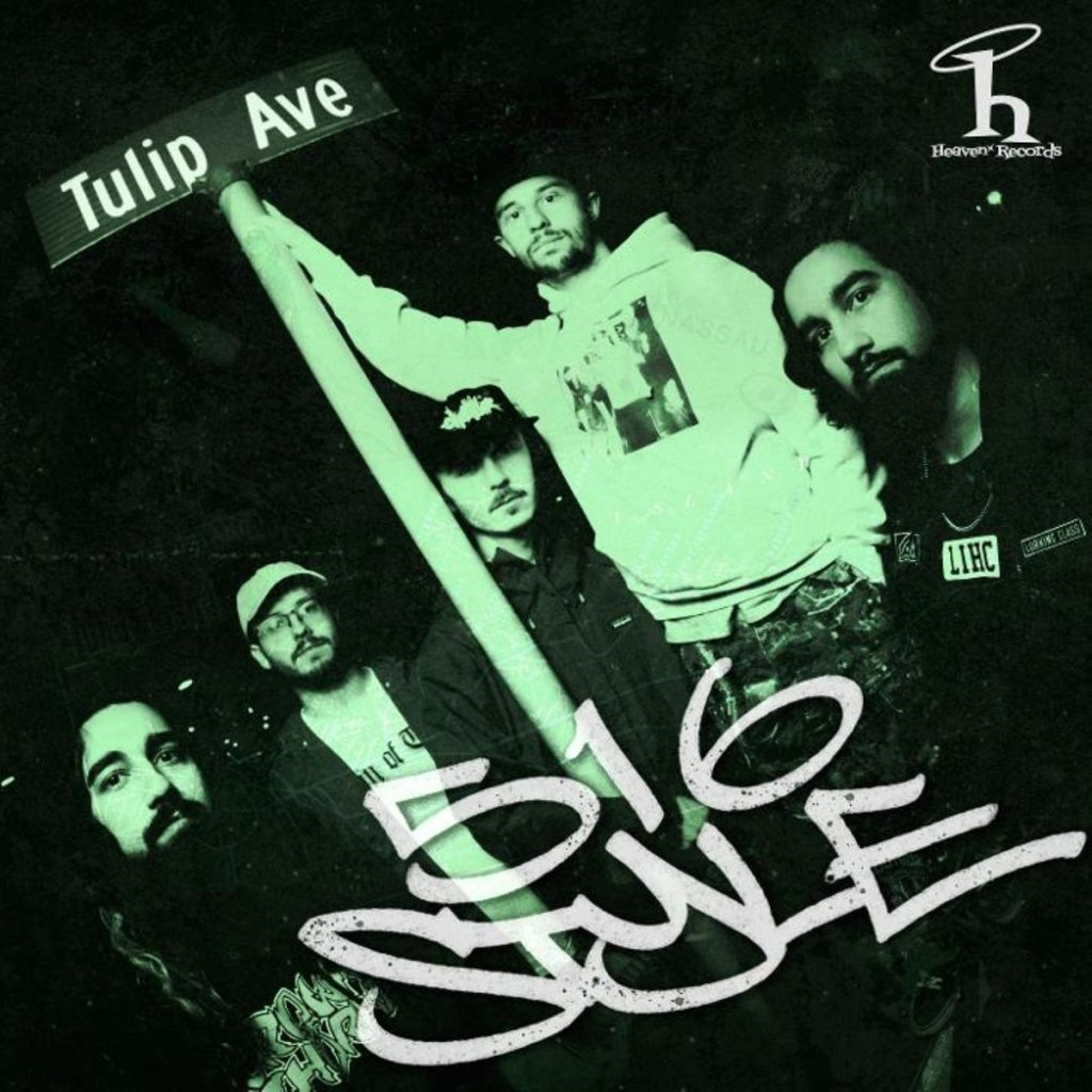Group of five men posing under a street sign that says 'Tulip Ave', with a dark and greenish tone background and the text '516 Style' in graffiti-style font.