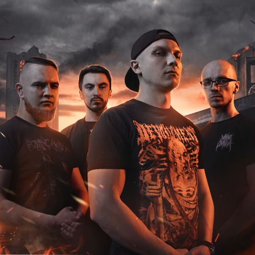 A metal band posing dramatically against a fiery background, wearing dark t-shirts and showcasing a serious expression.